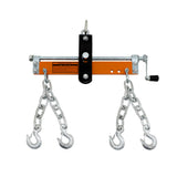 Engine load leveller with a sturdy black and orange frame, featuring adjustable chains and hooks for lifting heavy engines safely