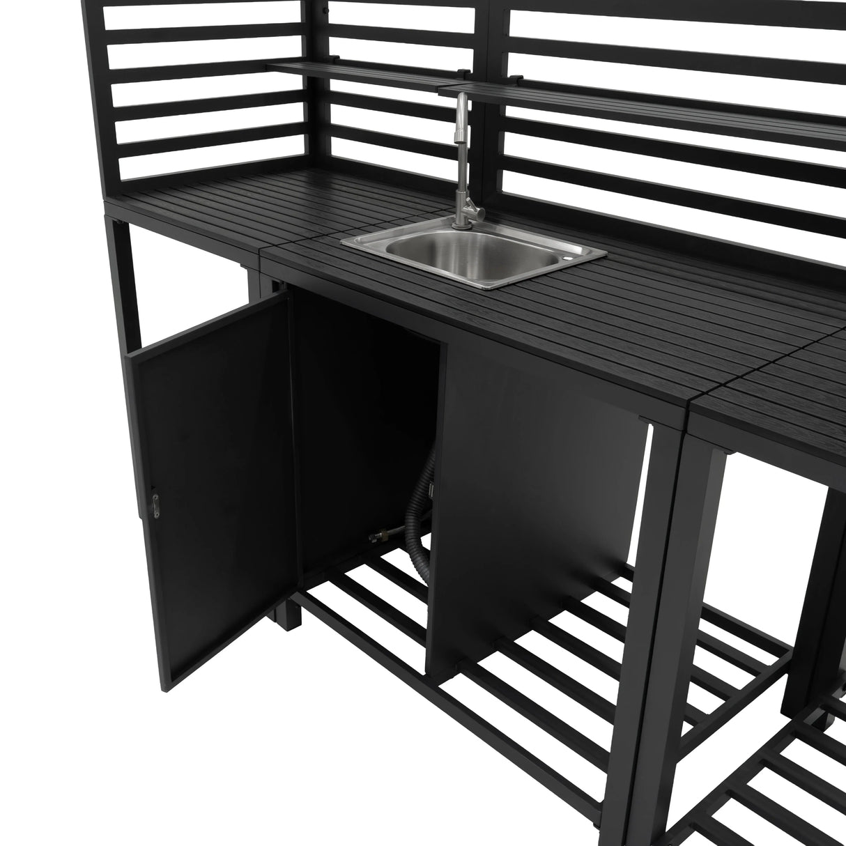 Aluminium outdoor kitchen set featuring a sleek black finish, slatted shelves, a stainless steel sink, and ample storage space