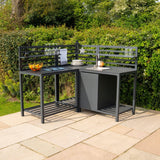 Stylish aluminium outdoor kitchen set featuring a sleek black finish, open shelving, and space for plates and glasses, perfect for entertaining