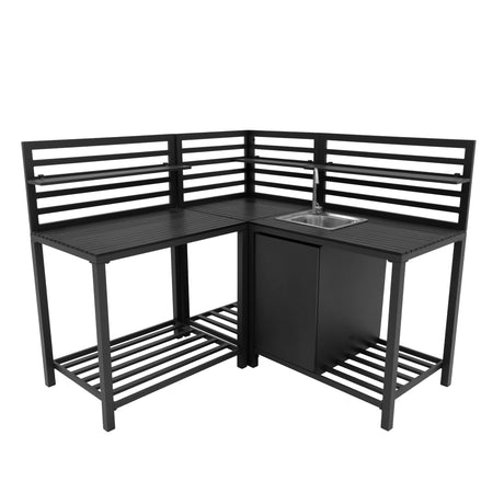Stylish black aluminium outdoor kitchen set with three pieces, featuring a sink, open shelves, and a modern slatted design