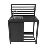 Aluminium outdoor kitchen set featuring a sleek black finish, a built-in sink, and slatted back for ventilation and style