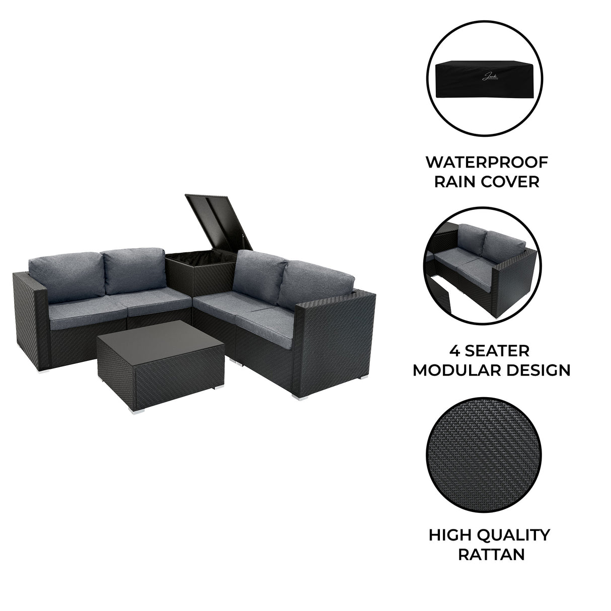 Rattan Modular 6 Piece Furniture Set – Black