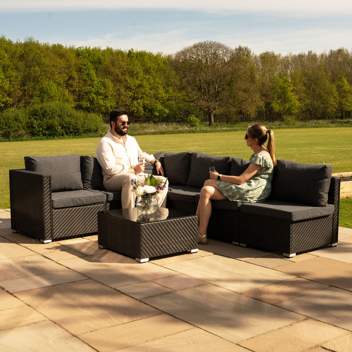 Rattan Modular 7 Piece Furniture Set & 700L Storage Box - Black