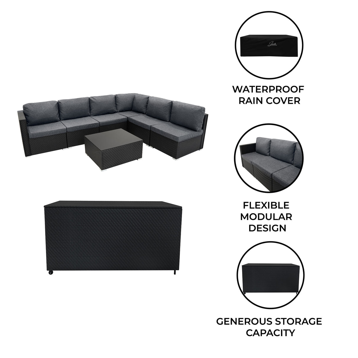 Rattan Modular 7 Piece Furniture Set & 700L Storage Box - Black