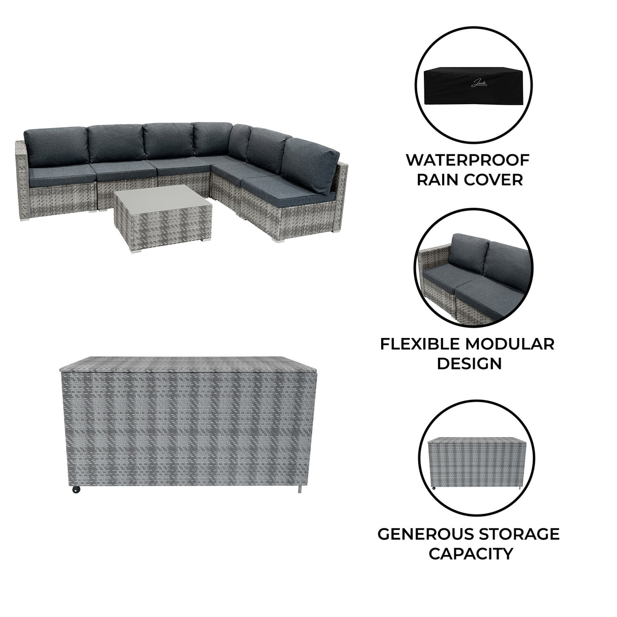 Rattan Modular 7 Piece Furniture Set & 700L Storage Box - Grey