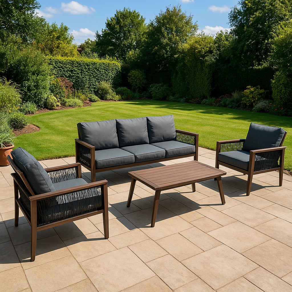 Aluminium 4 Piece Sofa Set with Black Rattan Storage Box - Wood Effect