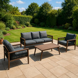 Aluminium 4 Piece Sofa Set with Black Rattan Storage Box - Wood Effect