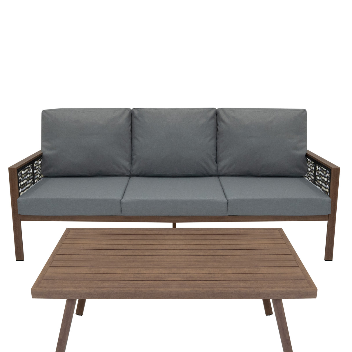 Aluminium 4 Piece Sofa Set with Black Rattan Storage Box - Wood Effect