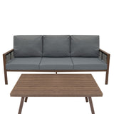 Aluminium 4 Piece Sofa Set with Black Rattan Storage Box - Wood Effect