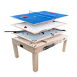 7-in-1 games table in oak finish, featuring stacked game surfaces for air hockey, ping pong, and more, with smooth textures and vibrant colors