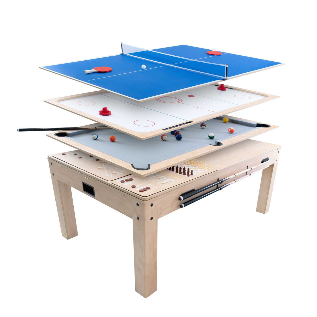 7-in-1 games table in oak finish, featuring stacked game surfaces for air hockey, ping pong, and more, with smooth textures and vibrant colors