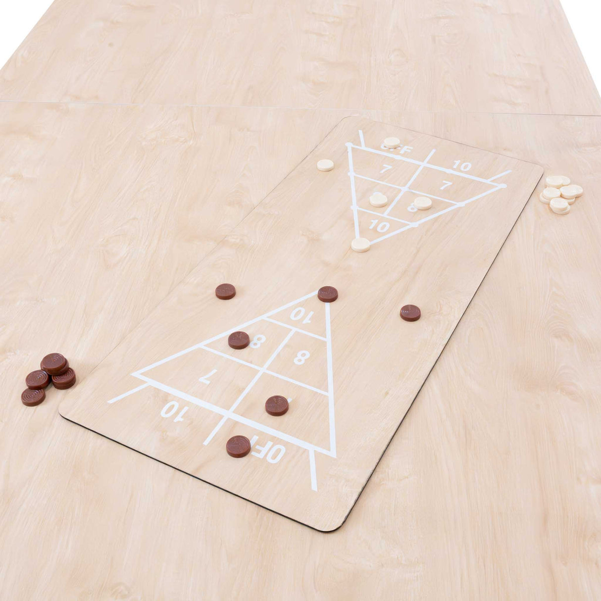 7-In-1 Games Table in oak finish featuring a smooth surface with a shuffleboard layout and game pieces in brown and white