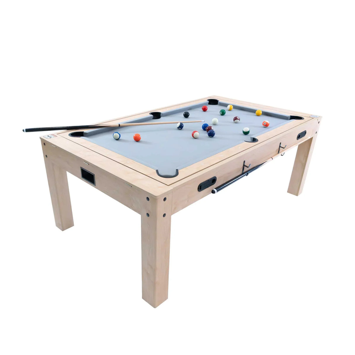 7-in-1 oak games table featuring a sleek light gray felt surface, with colorful billiard balls and a cue stick ready for play