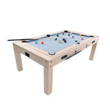 7-in-1 oak games table featuring a sleek light gray felt surface, with colorful billiard balls and a cue stick ready for play