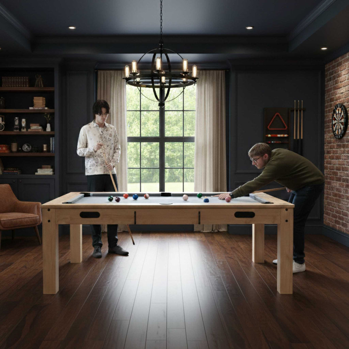 7-in-1 games table in oak finish, featuring a sleek design, set in a stylish room with two players engaged in a game