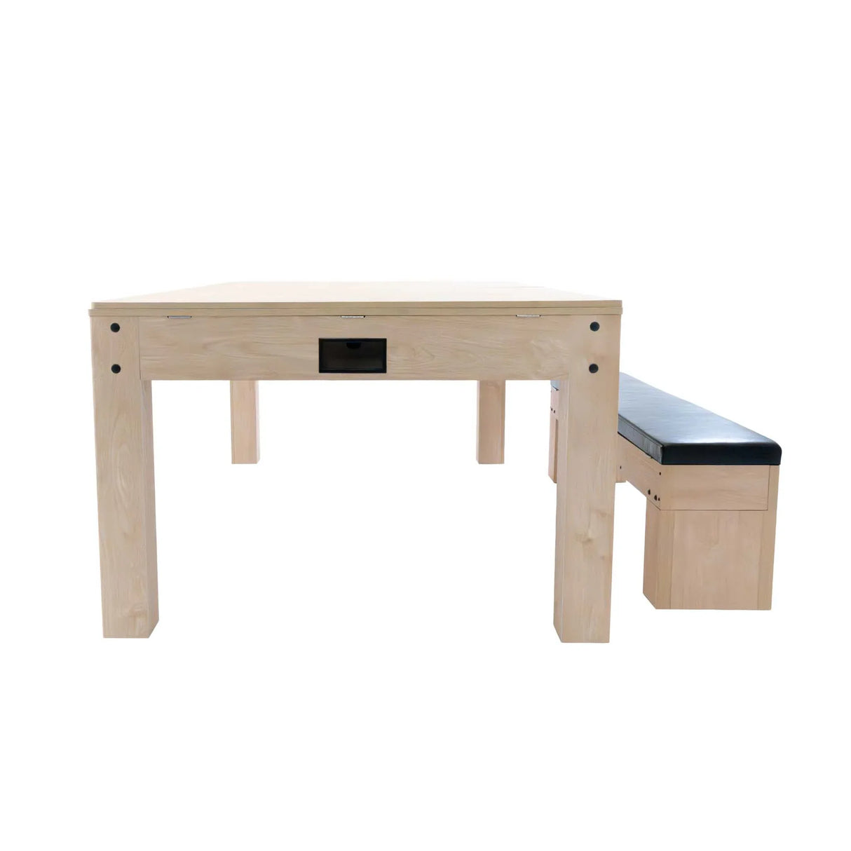 7-in-1 games table and storage bench in oak, featuring a sleek design, smooth surface, and a comfortable black cushioned seat
