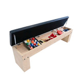 7-in-1 games table and storage bench in oak, featuring a black cushioned lid and organized compartments for game pieces and accessories