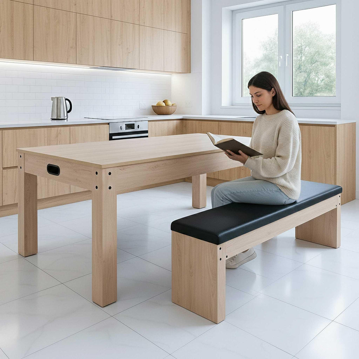 7-in-1 games table and storage bench in oak finish, featuring a sleek design, black cushioned seating, and a modern kitchen setting