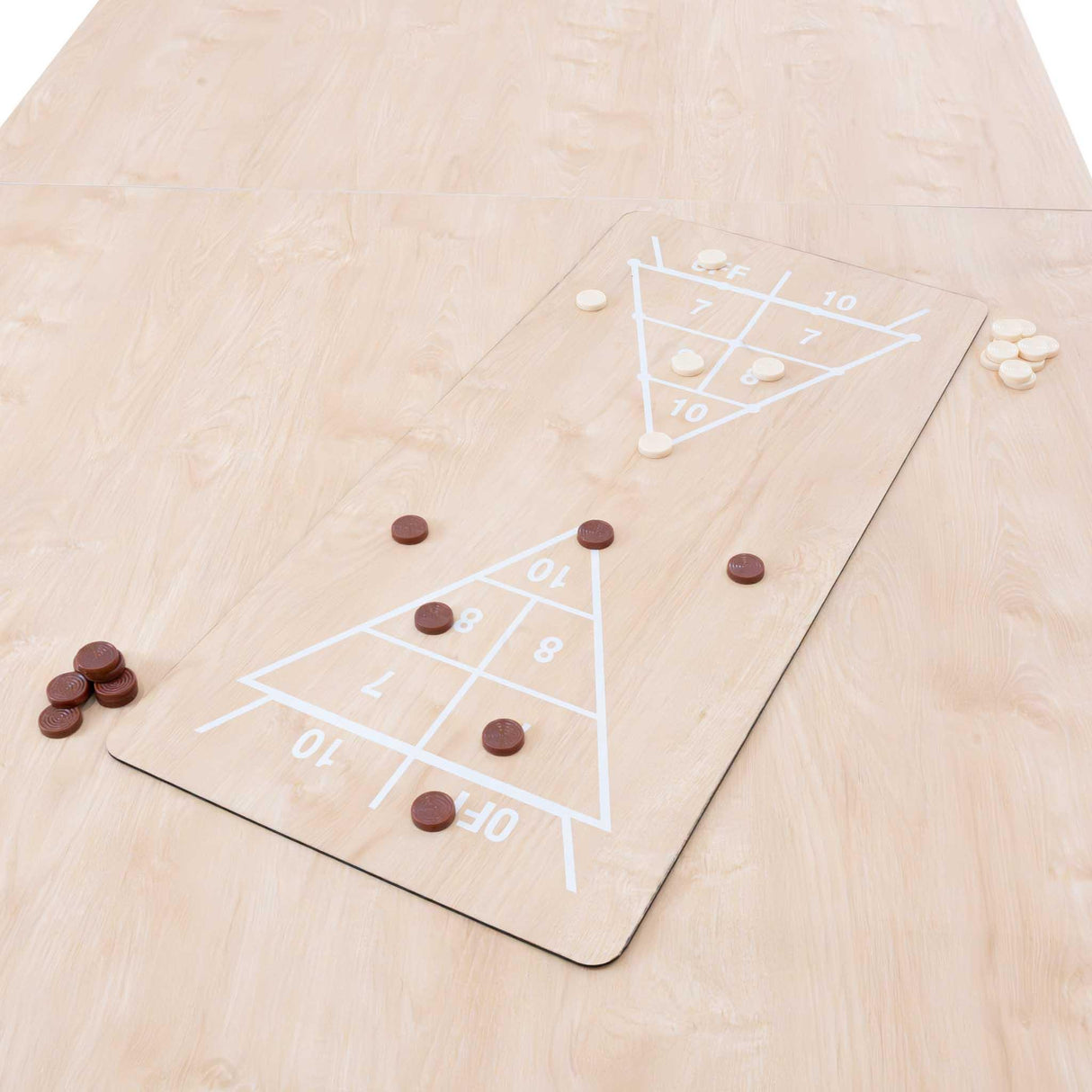 7-in-1 games table with a light oak finish, featuring a shuffleboard layout and game pieces in brown and cream colors