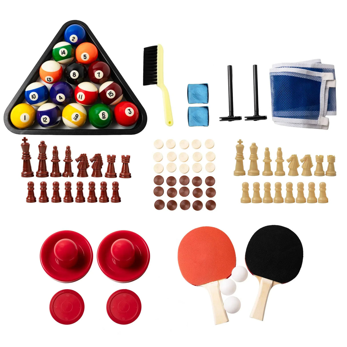 Colorful assortment of game pieces including billiard balls, chess sets, and table tennis paddles on a white background