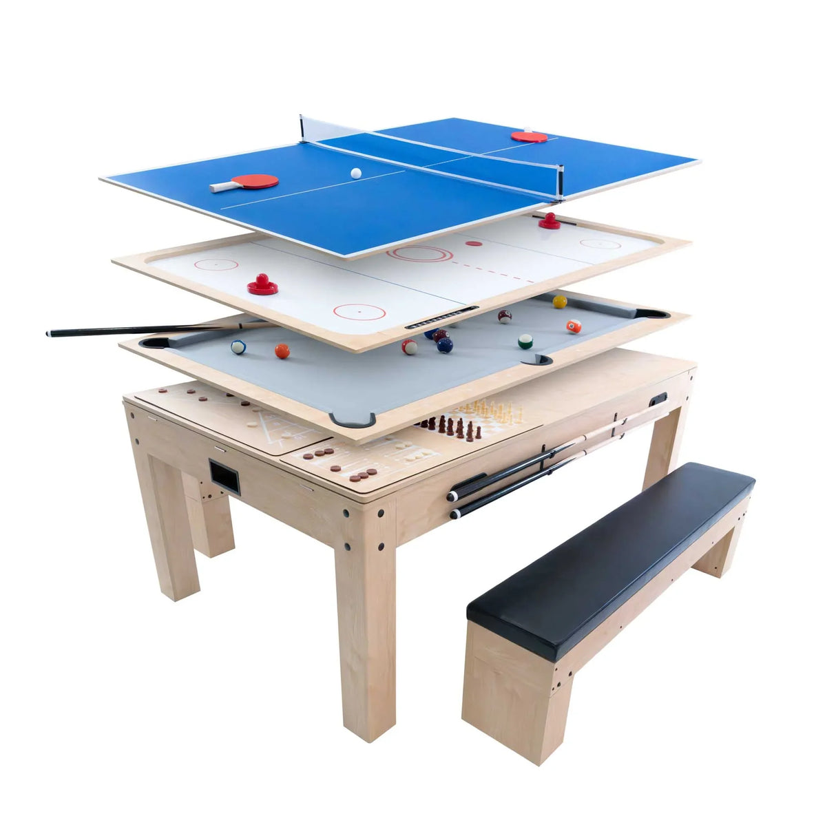 7-in-1 games table in oak finish with removable layers for air hockey, table tennis, and more, includes two storage benches