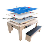 7-in-1 games table in oak finish with removable layers for air hockey, table tennis, and more, includes two storage benches