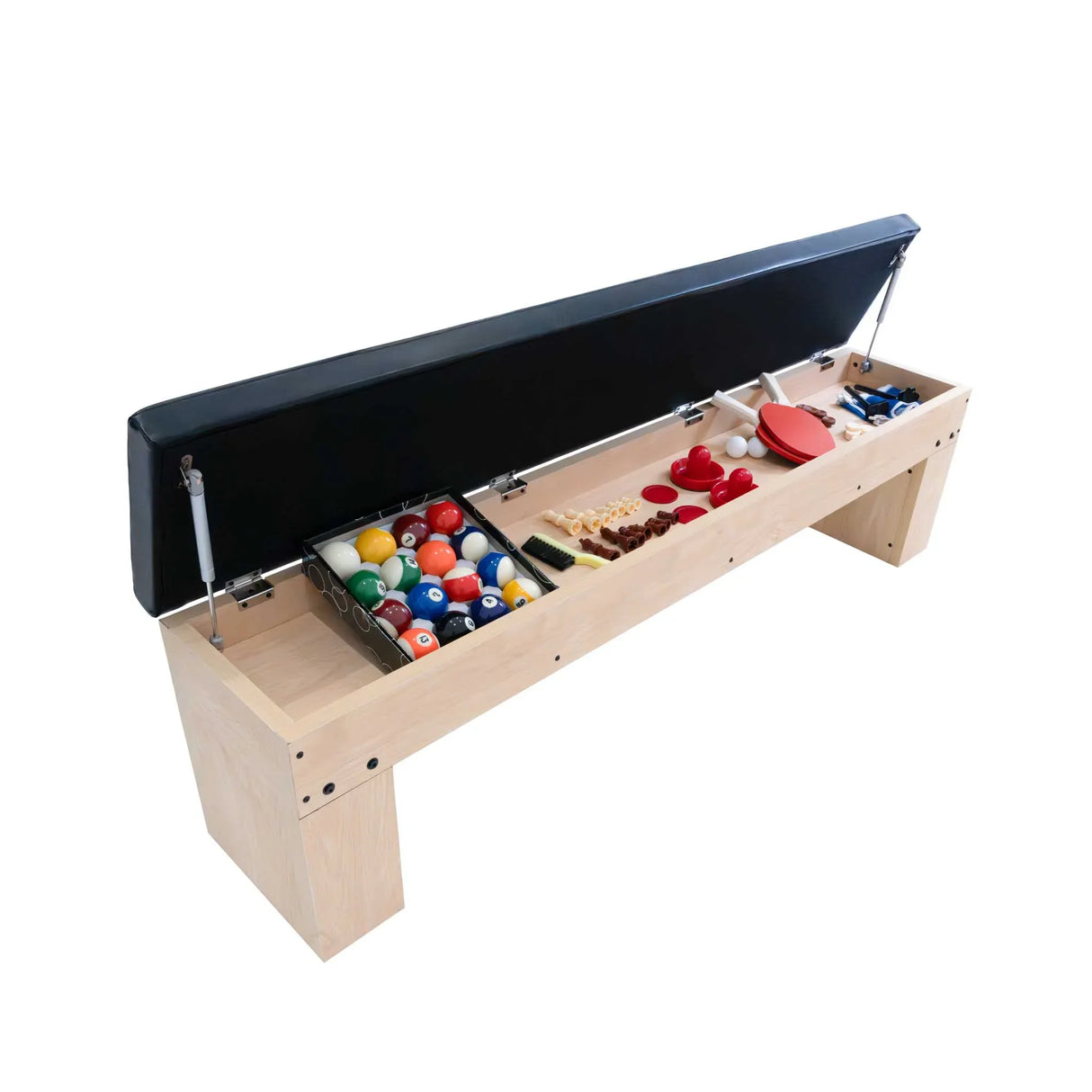 7-in-1 games table with oak storage benches, featuring a black padded lid and colorful game pieces neatly organized inside