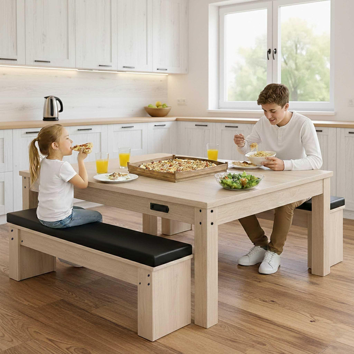 7-in-1 games table in oak finish with two black cushioned storage benches, featuring a family enjoying a meal together