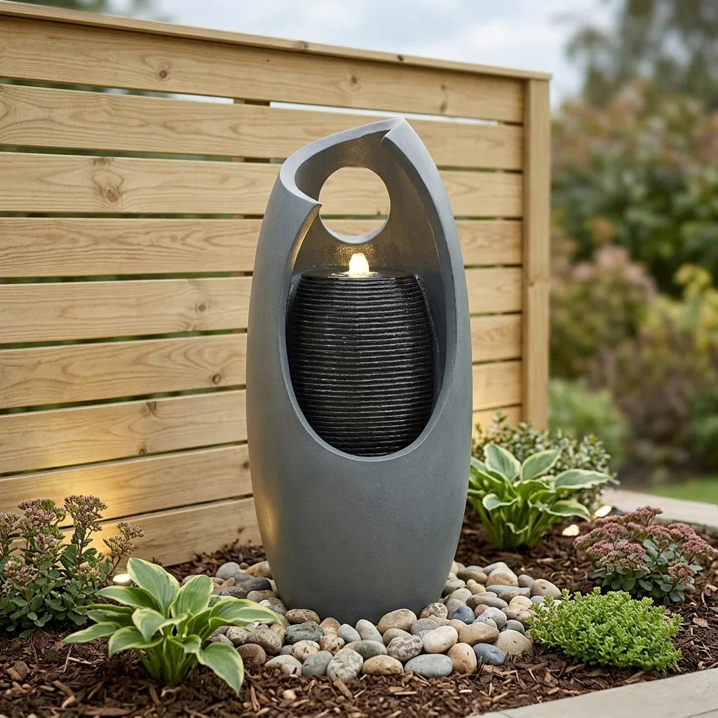 Sleek gray electric water feature with cascading water, illuminated by a soft light, surrounded by smooth pebbles and lush greenery