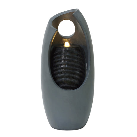 Sleek gray electric water feature with a modern design, featuring cascading water and a soft glow from an integrated light