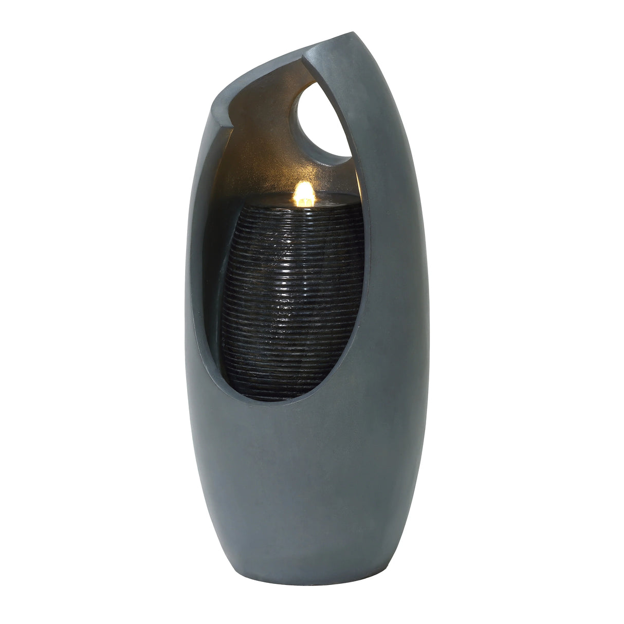 Sleek gray electric water feature with a modern design, featuring a textured inner cylinder and soft ambient lighting