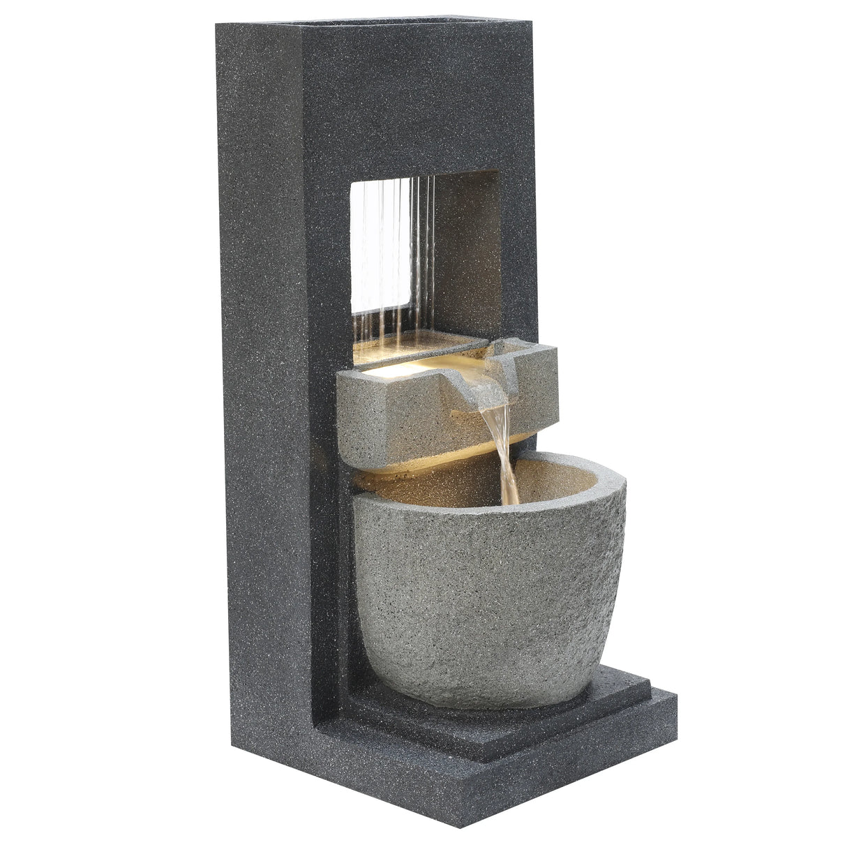 Sleek electric water feature with cascading water, gray stone texture, and illuminated basin, perfect for outdoor relaxation