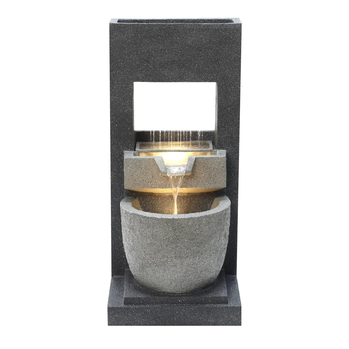 Elegant electric water feature with cascading water, featuring textured gray stone and a sleek modern design, perfect for outdoor decor