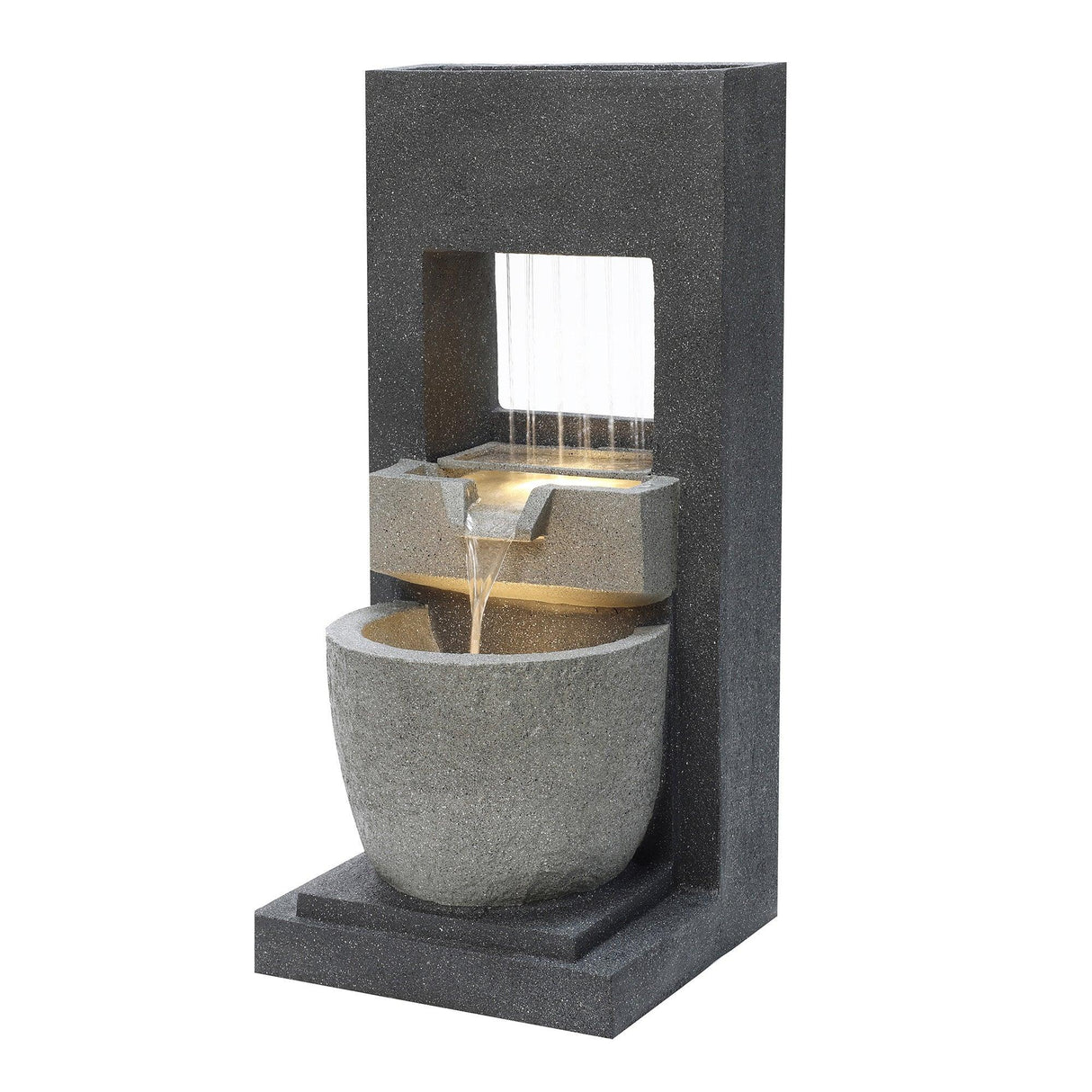 Sleek electric water feature with a modern design, featuring cascading water flowing from a stone-like structure into a round basin