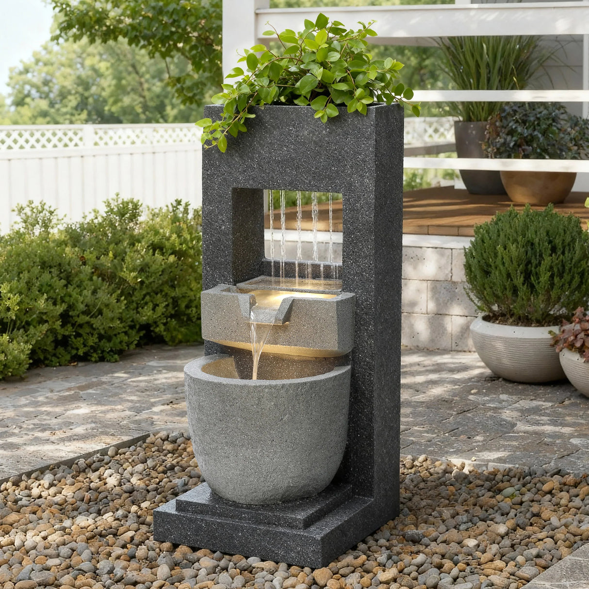 Sleek electric water feature with cascading water, gray stone finish, and a potted plant atop a rounded basin, enhancing outdoor tranquility