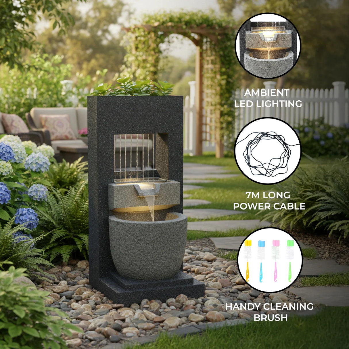Stylish electric water feature with cascading water, ambient LED lighting, and a sleek black stone design, perfect for gardens