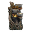 Rustic electric water feature with three textured stone bowls cascading water over a weathered log design, enhancing outdoor spaces