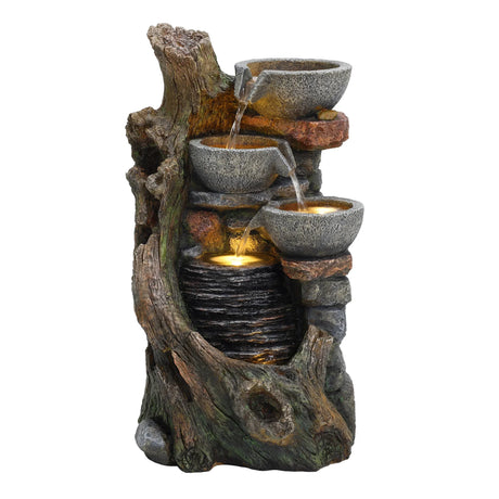 Rustic electric water feature with three textured stone bowls cascading water over a weathered log design, enhancing outdoor spaces