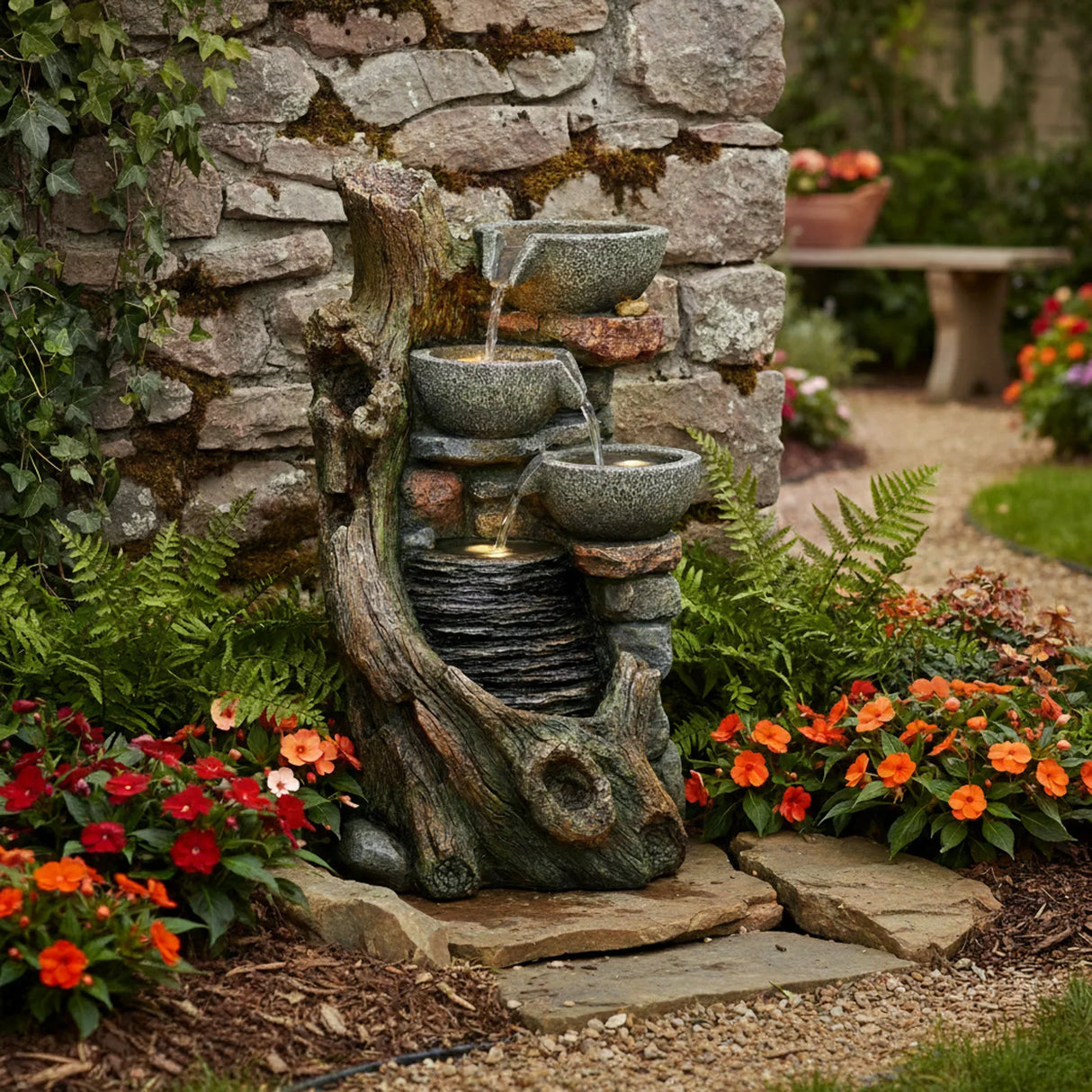 Rustic electric water feature with three stacked bowls cascading water, surrounded by vibrant flowers and textured stone wall