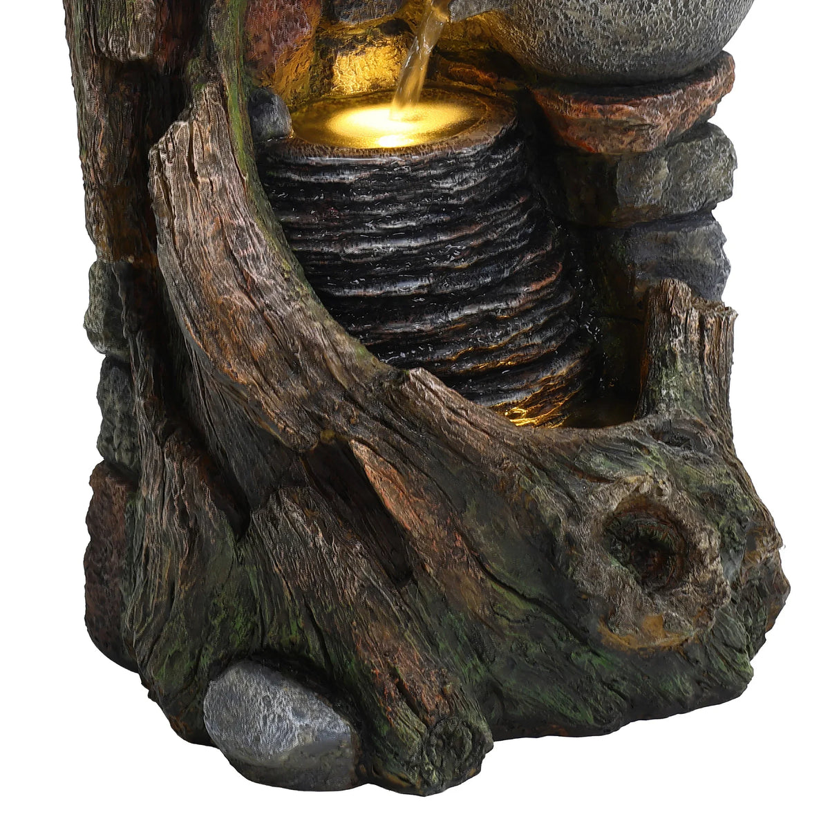 Rustic electric water feature with a textured stone and wood design, cascading water over stacked rocks and illuminated base