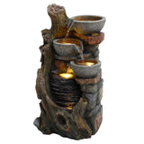Rustic electric water feature with three cascading bowls, textured stone finish, and natural wood-like accents, creating a serene ambiance
