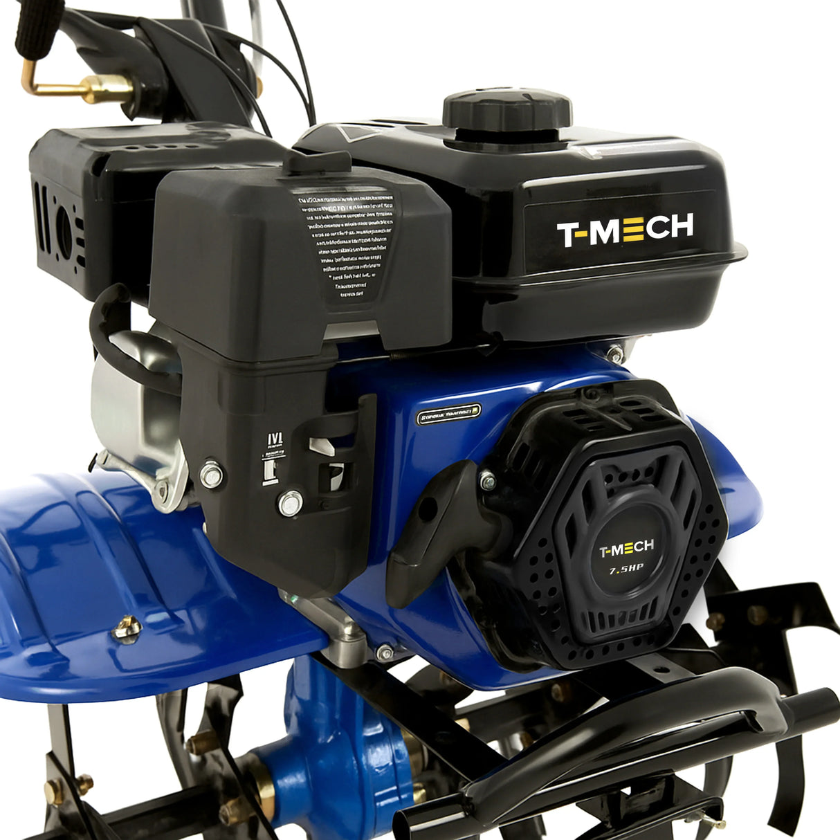7.5hp petrol rotavator featuring a blue body, black engine cover, and sturdy metal frame, ideal for efficient soil tilling