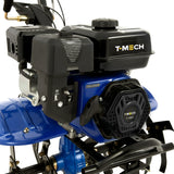 7.5hp petrol rotavator featuring a blue body, black engine cover, and sturdy metal frame, ideal for efficient soil tilling