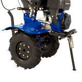 7.5hp petrol rotavator with sturdy black wheels, blue body, and robust engine, designed for efficient soil tilling and gardening tasks