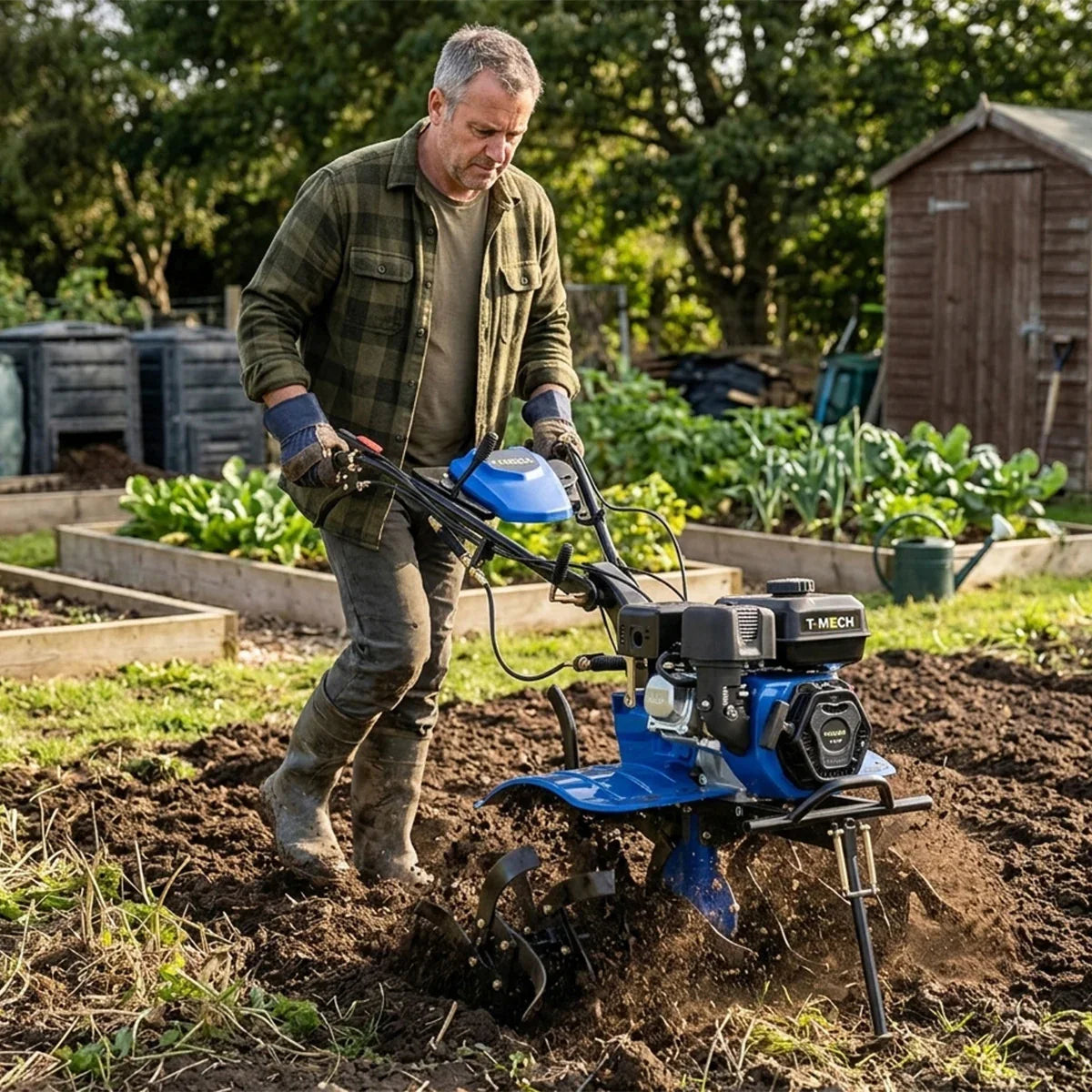 7.5hp petrol rotavator in action, featuring a blue body, sturdy wheels, and a powerful engine, tilling rich soil in a garden setting