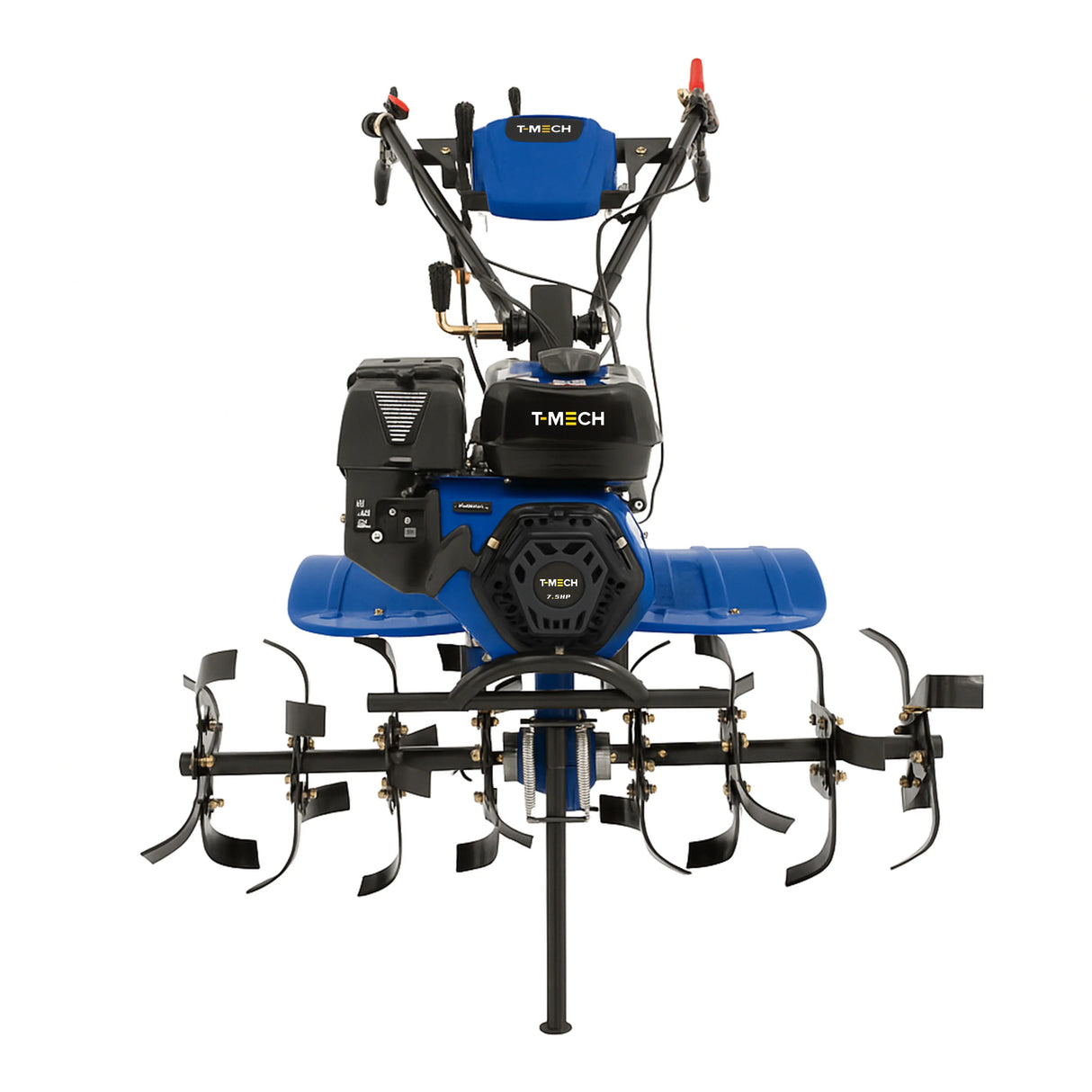 7.5hp petrol rotavator with blue and black body, sturdy metal tines, ergonomic handles, and powerful engine for efficient soil tilling