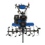 7.5hp petrol rotavator with blue and black body, sturdy metal tines, ergonomic handles, and powerful engine for efficient soil tilling