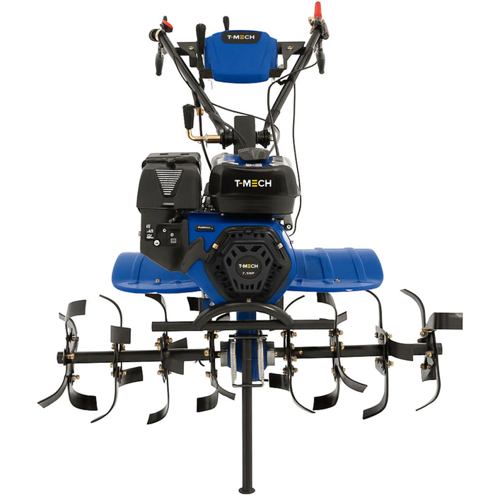 Blue T-MECH tiller with a powerful engine, featuring sharp metal tines and ergonomic handles for easy gardening and soil preparation