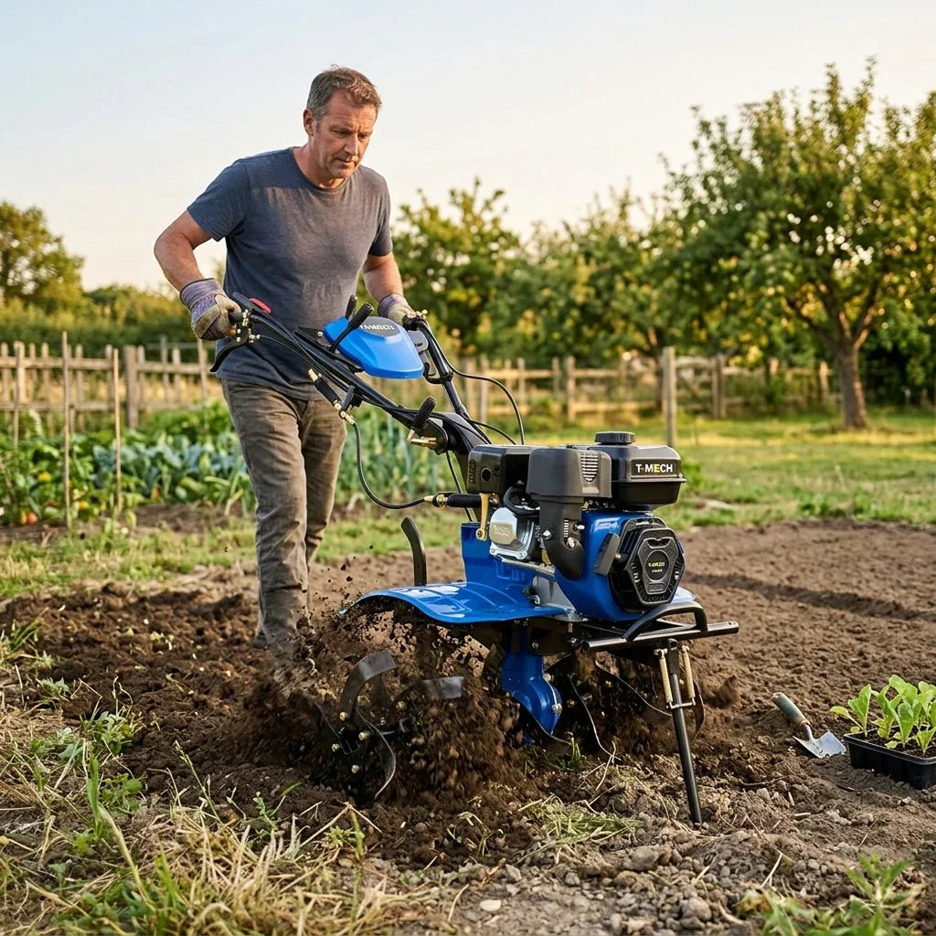 7.5hp petrol rotavator in action, featuring a blue body, sturdy wheels, and a powerful engine, tilling rich soil in a garden setting