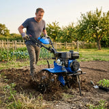 7.5hp petrol rotavator in action, featuring a blue body, sturdy wheels, and a powerful engine, tilling rich soil in a garden setting